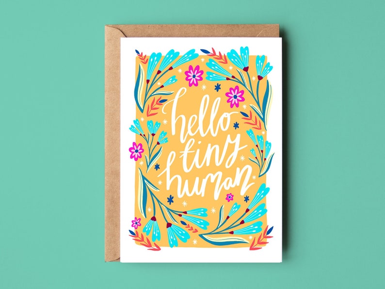 Carte Hello Tiny Human, carte de naissance éco-recyclée pour la fête d'un nouveau-né image 1