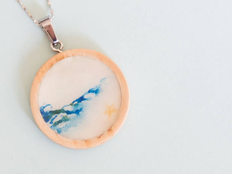 starfish necklace,ocean necklace,bridesmaid gift,beach necklace,unique watercolor wood necklace,birthday gift for mums Australian seller