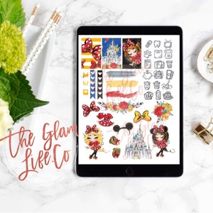 May include: A digital planner sheet with a variety of stickers featuring a cartoon character with red and white polka dots, a castle, and other Disney-themed designs.