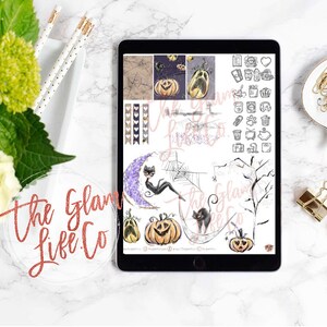 May include: A digital planner page with Halloween themed stickers. The stickers feature black cats, pumpkins, and spiderwebs. The page also includes a section for daily tasks and notes.