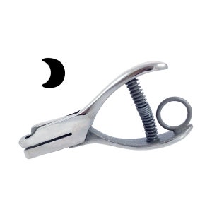 May include: A silver metal punch tool with a spring and a ring handle. The punch creates a crescent moon shape.