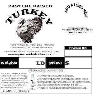 TURKEY Poultry Custom Processing Label PL 90-492 EXEMPT Pasture Raised - 100 Labels
