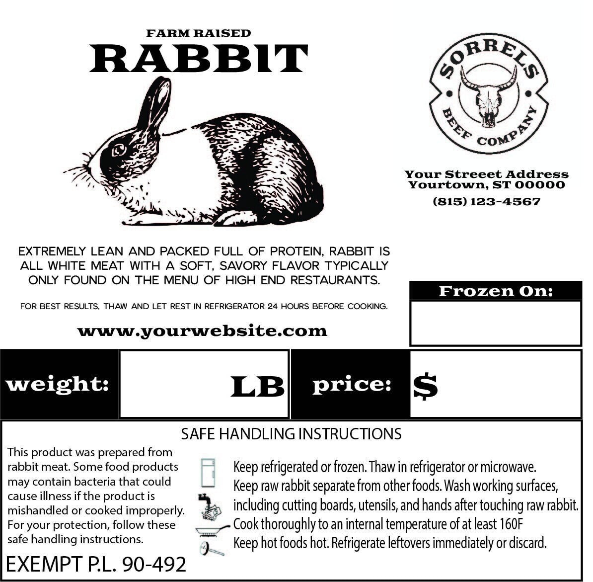 Rabbit Poultry Custom Processing Freezer Label PL 90-492 EXEMPT