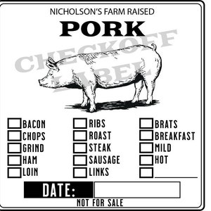 May include: Black and white illustration of a pig with a checklist for different cuts of pork, including bacon, chops, ribs, roast, steak, sausage, and links. The text "NICHOLSON'S FARM RAISED" and "PORK" are at the top of the image. The text "CHECKOFF" is partially visible in the background. The text "DATE:" is at the bottom of the image with a blank space for a date. The text "NOT FOR SALE" is at the bottom of the image.