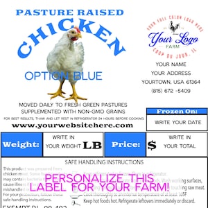 Chicken Poultry Custom Processing Label PL 90-492 EXEMPT Pasture Raised - Full COLOR - 50 Labels