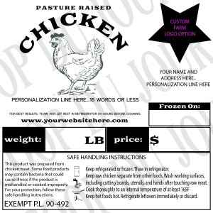 Chicken Poultry Custom Processing Label Pl 90-492 EXEMPT Pasture Raised - FREE SHIPPING