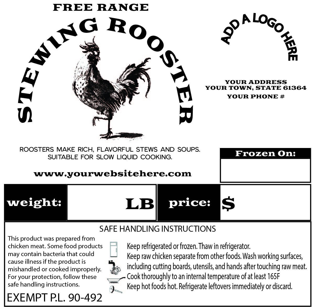 Chicken Poultry Custom Processing Label PL 90492 Exempt STEWING