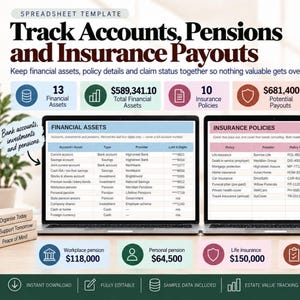 May include: A digital spreadsheet template for tracking financial assets, pensions, and insurance payouts. The display shows two laptop screens with tables for financial assets and insurance policies, alongside summary boxes for totals.