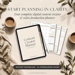 May include: A digital content creator and video production planner displayed on a tablet screen with a white stylus. The interface features tabs for start, plan, calendar, grow, and notes. Text reads: START PLANNING IN CLARITY, Content Creator Planner, and CLARITYNESTTOOLS.