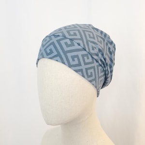 Cotton chemo hat for a woman, blue modern print