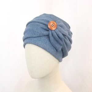 Winter chemo hat, blue with button