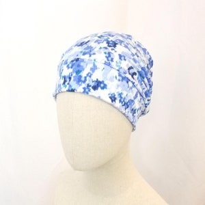 Summer chemo hat for a woman, ultra light weight, blue and white floral