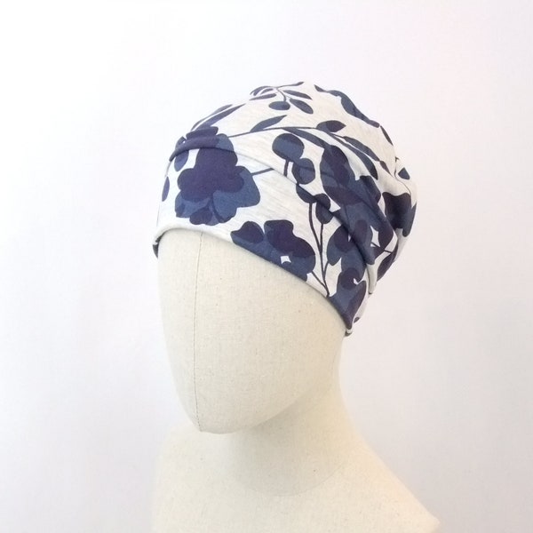 Chemo headwear for summer, navy and grey modern floral print