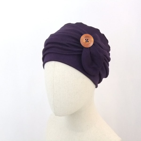 Chemo hat, purple cap with headband, cancer turban with button