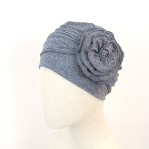 Chemo hat with flower, blue grey cancer turban,  chemo headwear