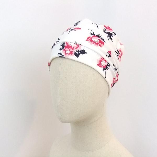 Summer cotton chemo hat for a woman, pink flowers on white