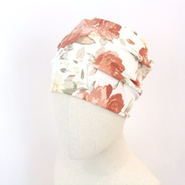 Chemo hat for a woman, terracotta  flowers on off white background