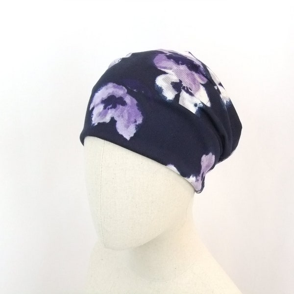 Slouchy chemo hat, navy and purple