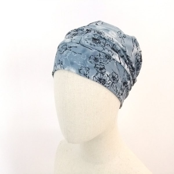 Chemo hat for a woman, flowers on grey