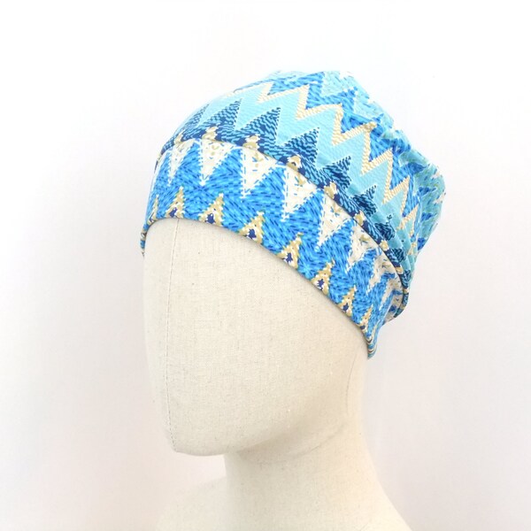 Chemo hat for a woman, blue chevron, zig zag