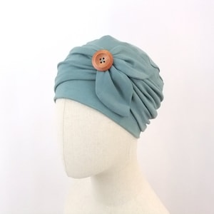 Chemo hat for a woman in eucalyptus green