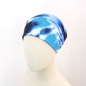 Slouchy chemo beanie, blue tie dye print