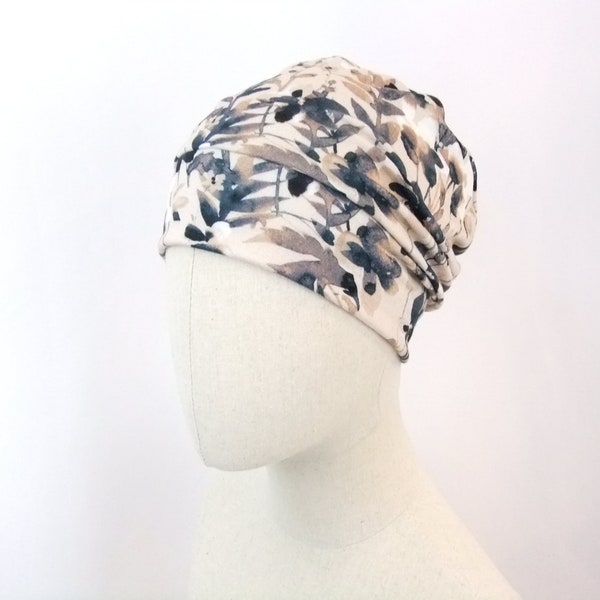 Chemo cap for a woman, grey foliage on beige