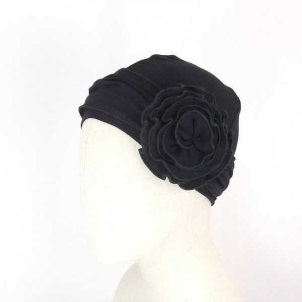Black chemo hat with flower, soft, lightweight, lined