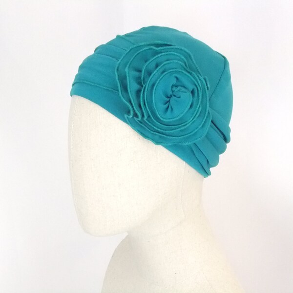 Teal chemo cap hat with flower, soft cancer headwear, chemotherapy headwrap, headcover