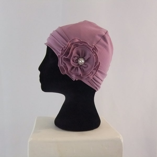 Women's chemo hat, mauve chemo hat, summer chemo cap with flower headband, chemo headwear, headwrap lined in rayon lycra knit