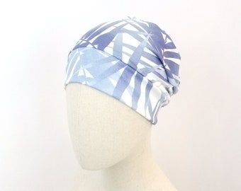 Summer chemo cap for a woman, white and blue