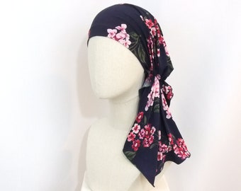 Navy flower head scarf, pre tied chemo scarf, headwear, phlox