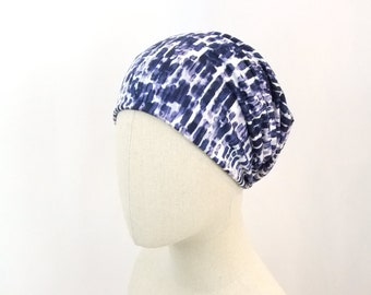 Slouchy chemo beanie, blue brush strokes print