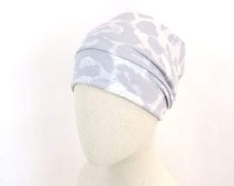 Pale blue animal print chemo hat, cancer beanie for woman