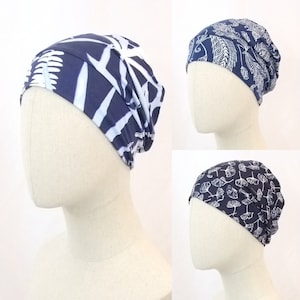 Summer chemo hat for a woman, navy blue hat