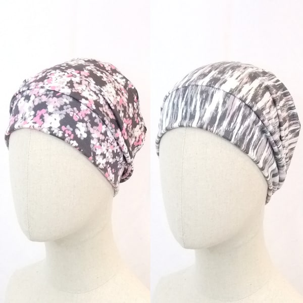 Summer chemo hat for a woman, pink and grey, ultra light weight