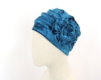Chemo hat with flower, teal crushed velour, dark turquoise velvet