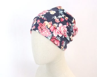 Chemo hat for a woman, pink and mint floral print on navy heather