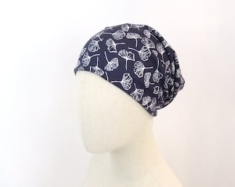 Slouchy chemo hat, navy gingko leaf