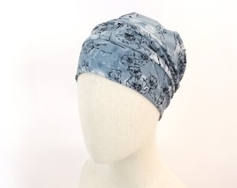 Chemo hat for a woman, flowers on grey