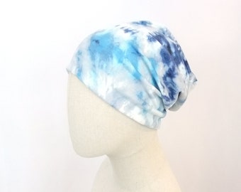 Slouchy chemo hat, blue tie dye print