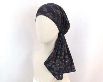 Navy Floral Knit Pre-Tied Head Scarf with Sequins