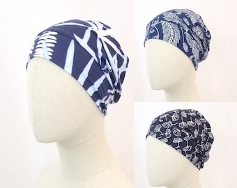 Summer chemo hat for a woman, navy blue hat