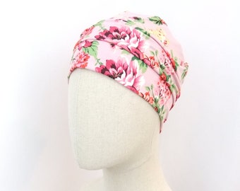 Chemo hat for a woman, pink flower print