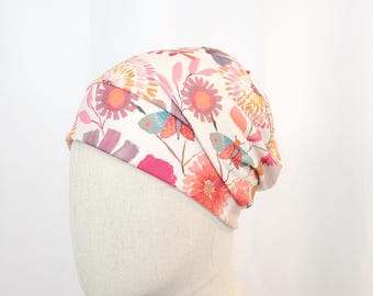 Chemo cap for a woman, folk art print on beige