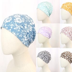 Chemo hat for a woman, flower print, dusty pink or blue