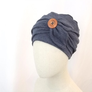 Chemo hat with removable headband, blue gray heather bamboo cotton blend
