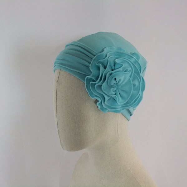 Women's hat, sky blue chemo hat, lightweight summer chemo cap with flower, chemo headwear, headwrap lined