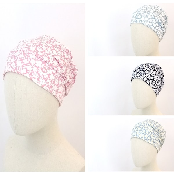 Chemo hat for a woman, flower print, dusty pink or blue