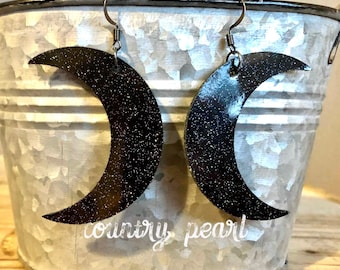 PATENT Leather- Genuine Pressed- Crescent Moons- Smooth- Black Glitter- Shiny- Single Layer or Double Sided